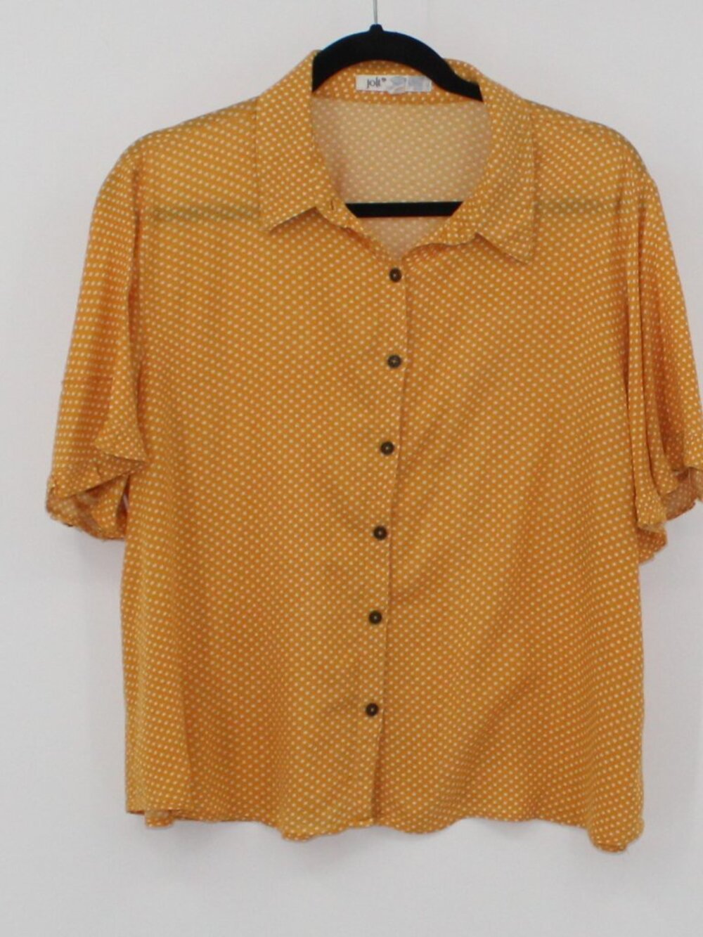 Jolt Blouse‎ Mustard with White Polka Dots Sz XL Casual Button up Ruffle Sleeve